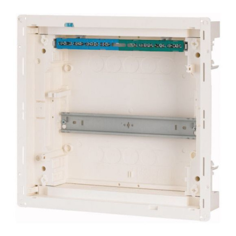 Rozdzielnica modułowa 1x12 podtynkowa Eaton KLV-12UPS-SF 178815 z przezroczystymi drzwiami i szyną DIN w instalacji elektrycznej