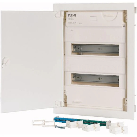 Rozdzielnica modułowa 2x12 podtynkowa Eaton KLV-24UPS-SF 178817 z przezroczystymi drzwiami i szyną DIN w instalacji elektrycznej