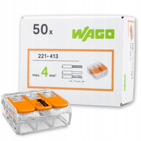 WAGO 221-413 SZYBKOZŁĄCZKA NA DRUT/LINKĘ 3x0,14-4mm2 - ( opk. 50 szt.) WAGO 221-413 SZYBKOZŁĄCZKA NA DRUT/LINKĘ 3x0,14-4mm2 - ( opk. 50 szt.)