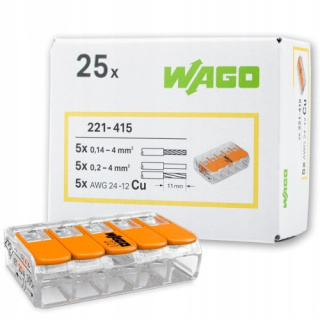 WAGO 221-415 SZYBKOZŁĄCZKA NA DRUT/LINKĘ 5x0,14-4mm2 - ( opk. 25 szt.)