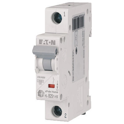 Wyłącznik nadprądowy 1P B 25A 6kA xPole Home HN-B25/1 Eaton Electric zamontowany na szynie TH35 w rozdzielnicy