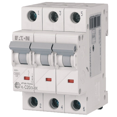 Wyłącznik nadprądowy 3P C 20A 6kA xPole Home HN-C20/3 Eaton Electric zamontowany na szynie TH35 w rozdzielnicy Wyłącznik nadprądowy 3P C 20A 6kA xPole Home HN-C20/3 Eaton Electric zamontowany na szynie TH35 w rozdzielnicy